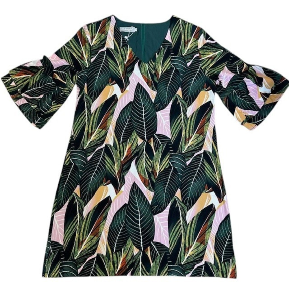 NWT Belongsci Leaf Print V-Neck Dress Bell Sleeve Bohemian Mini Dress Sz‎ Lg - Picture 5 of 16